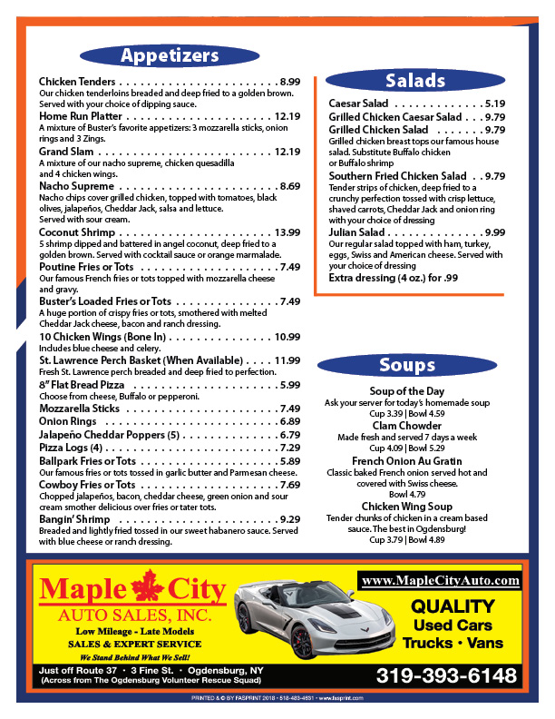 Buster's Restaurant Fasprint Menus