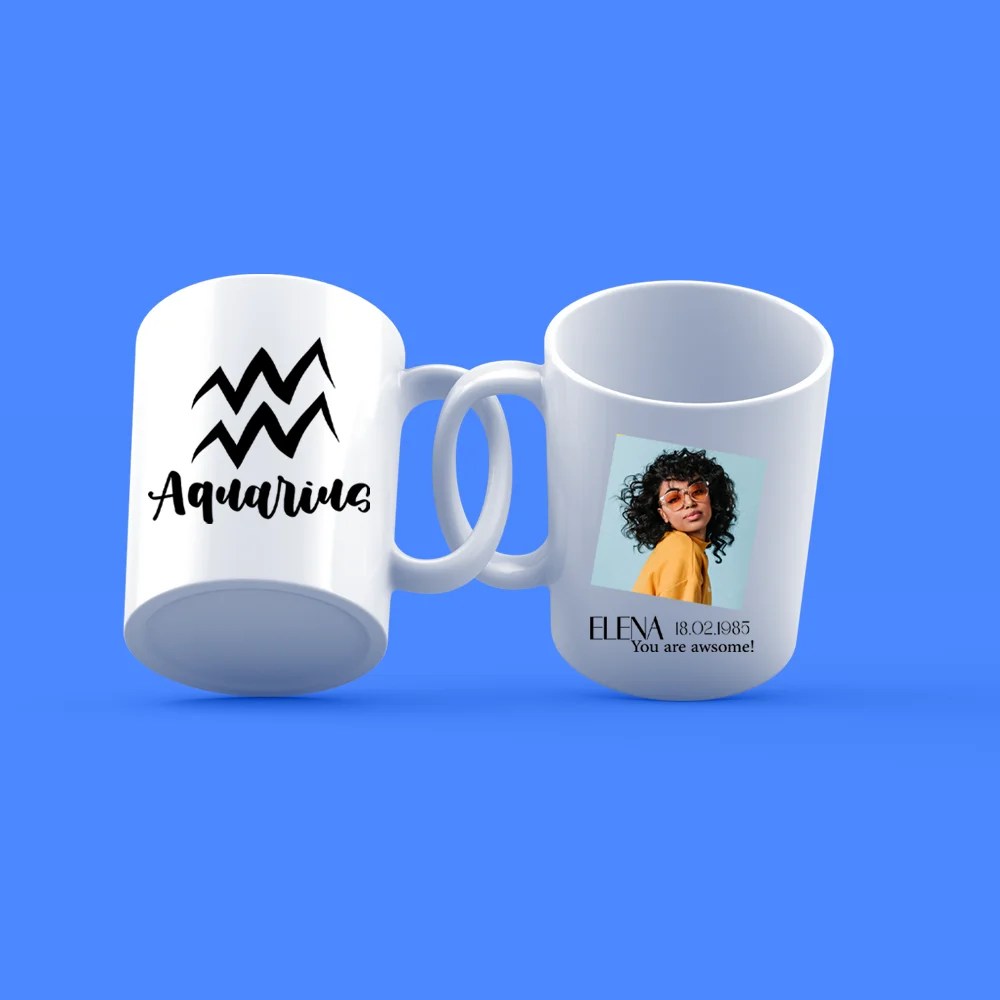 Personalized zodiac mug with picture and text AQUARIUS FastPRINT.DK