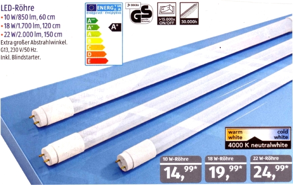 Premiere bei Aldi Süd LEDRöhren in drei Längen und