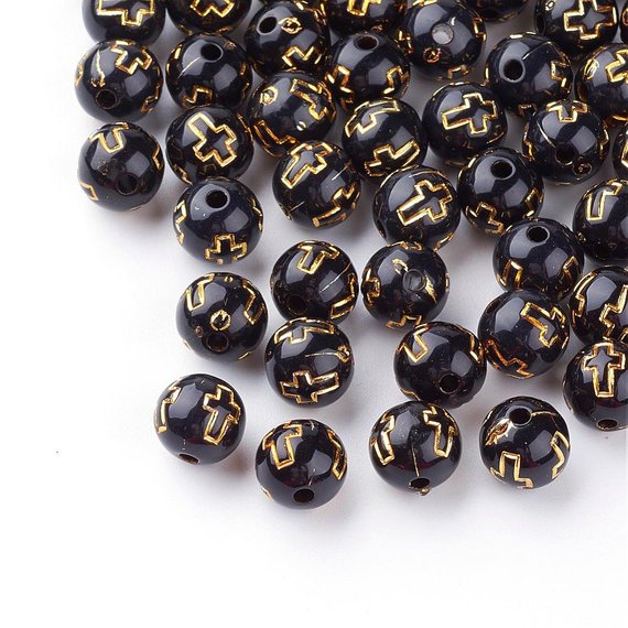 BD352 100 pcs Black Acrylic Round Spacer Beads 10mm (0.39") Gold