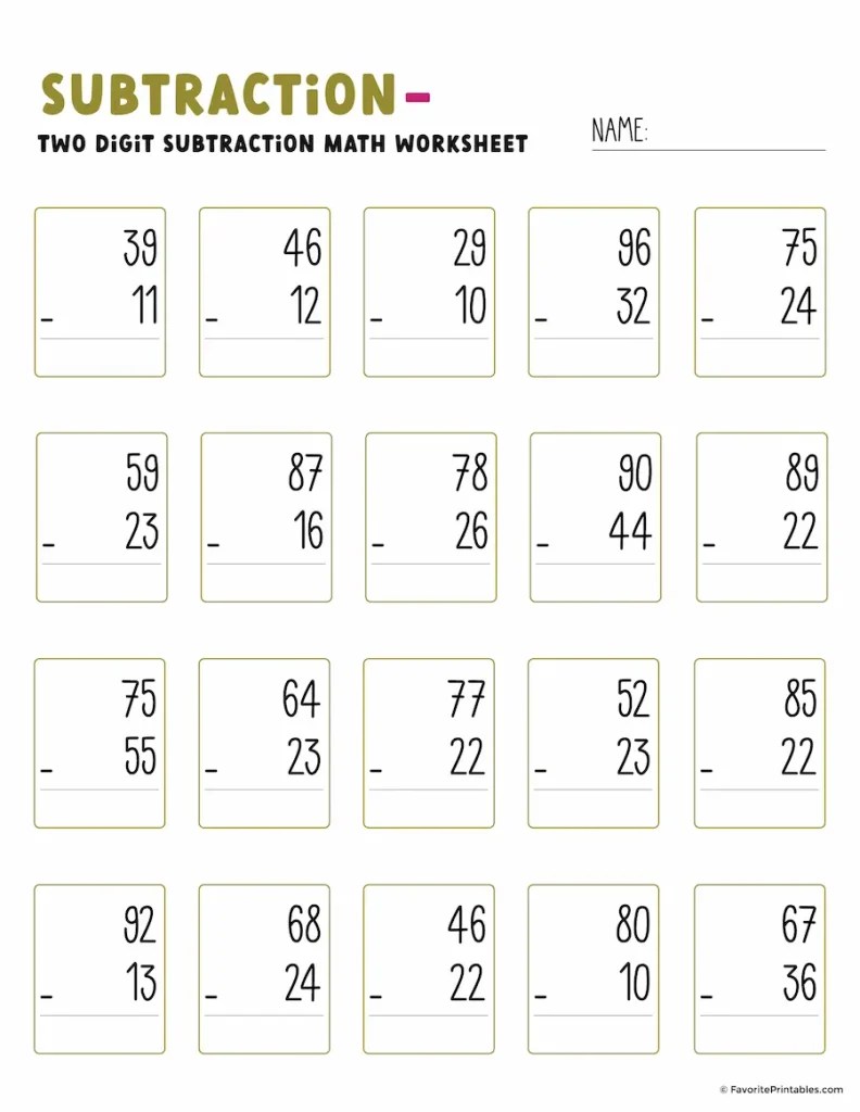 Free Printable Double Digit Subtraction Worksheet - Favorite Printables