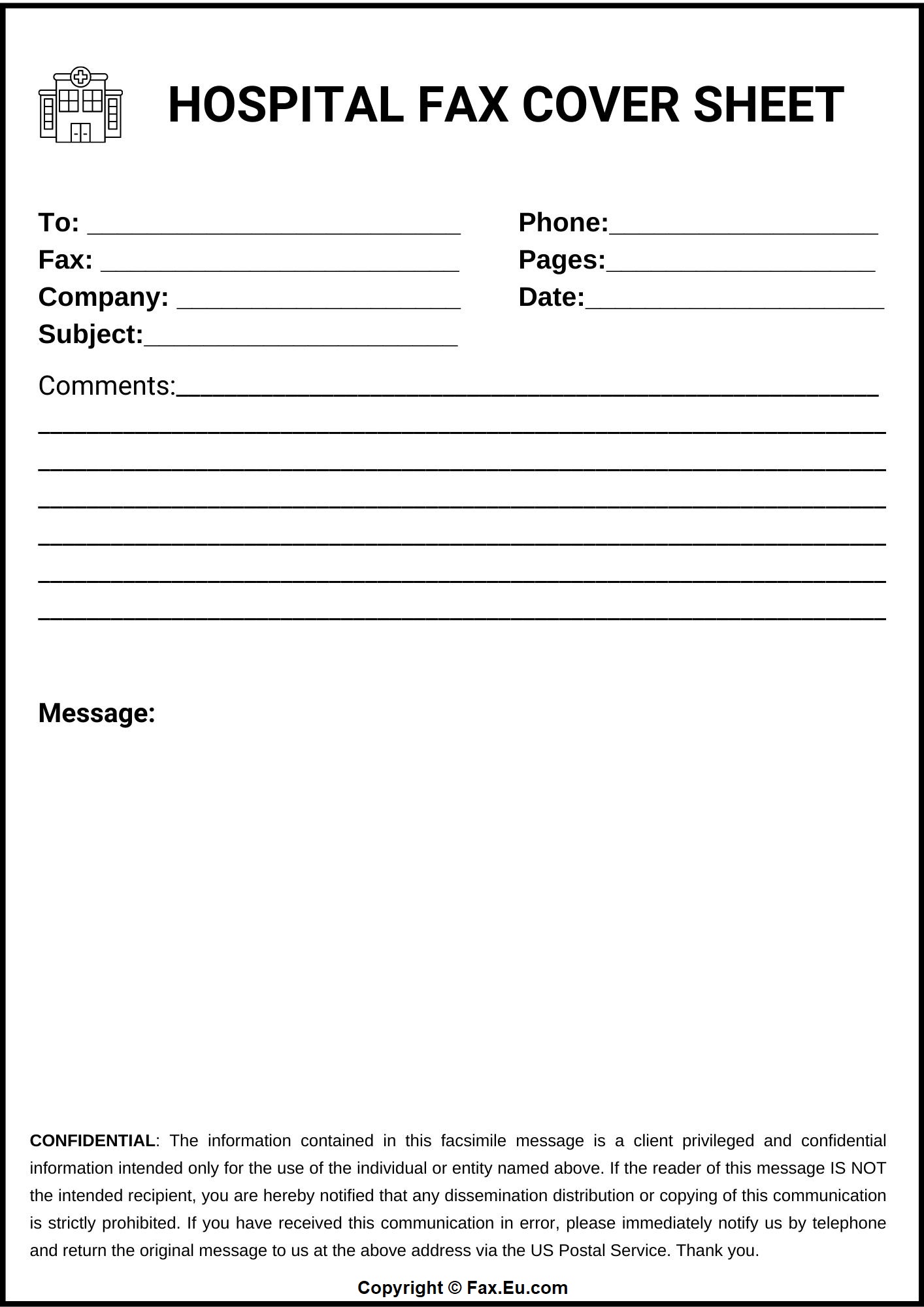Hospital Fax Cover Sheet Printable and Editable Free Fax Cover