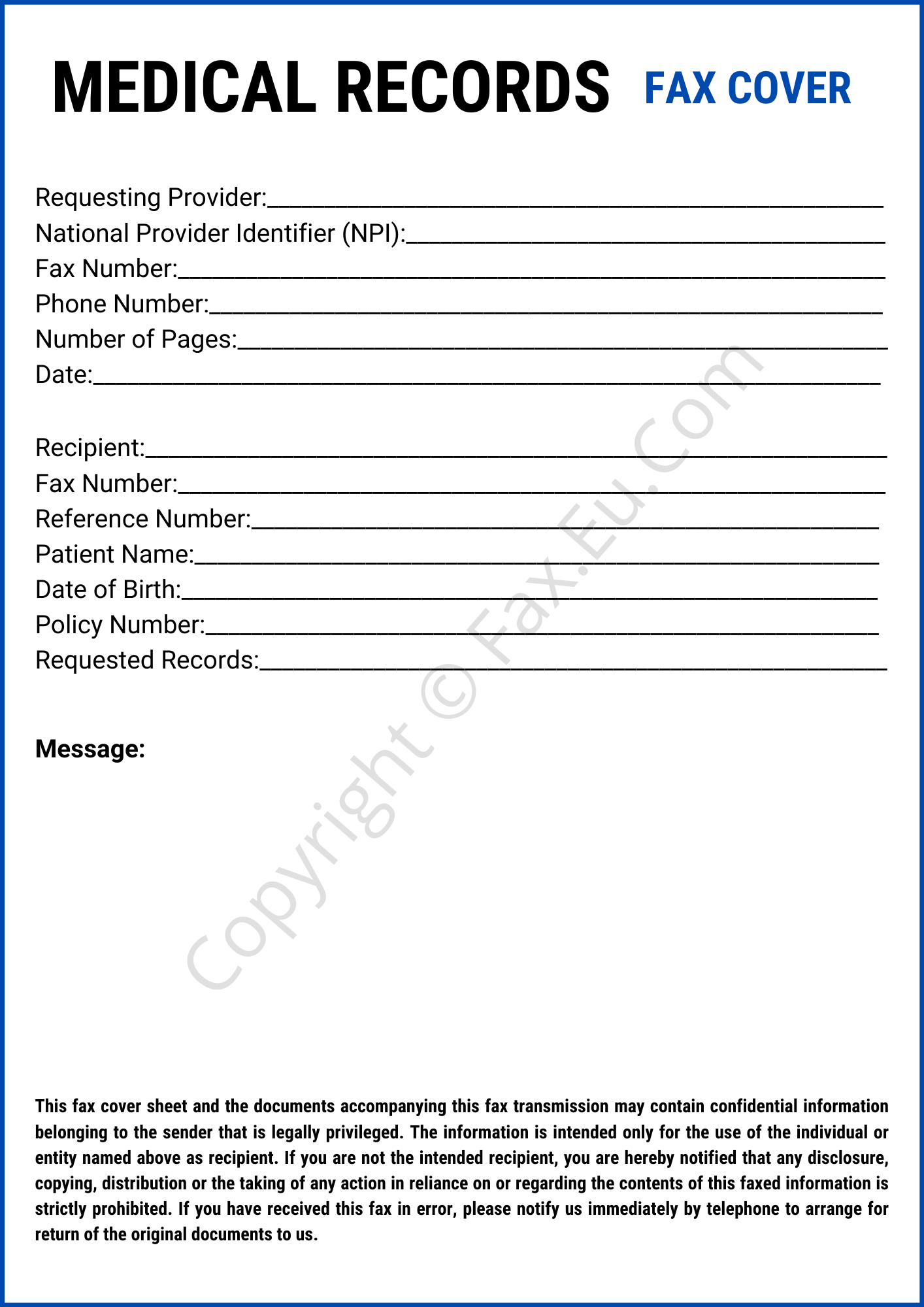 Medical Records Fax Cover Sheet Printable and Editable Free Fax