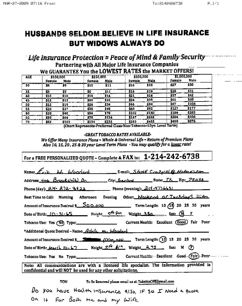 LIFE INSURANCE FAX BROADCAST LEAD Samples