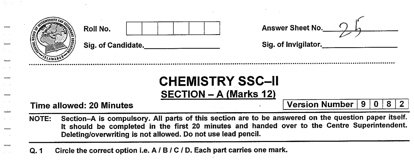 Class 10 Chemistry FBISE Past Paper 2023