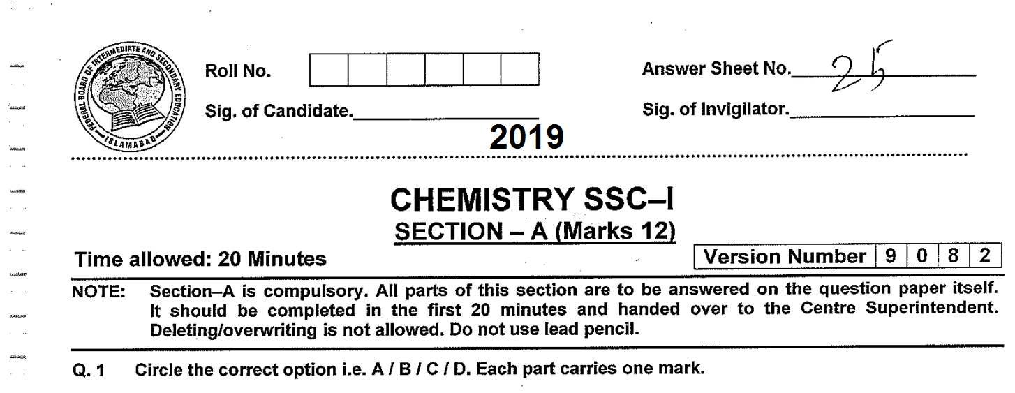 Chemistry 9 Solved Paper 2019 Federal Board FBISE Solved Past Papers