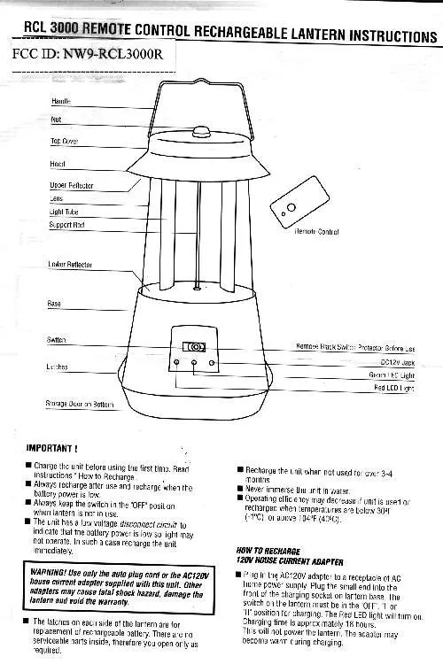 RCL3000R RECHARGEABLE REMOTE CONTROL LANTERN User Manual