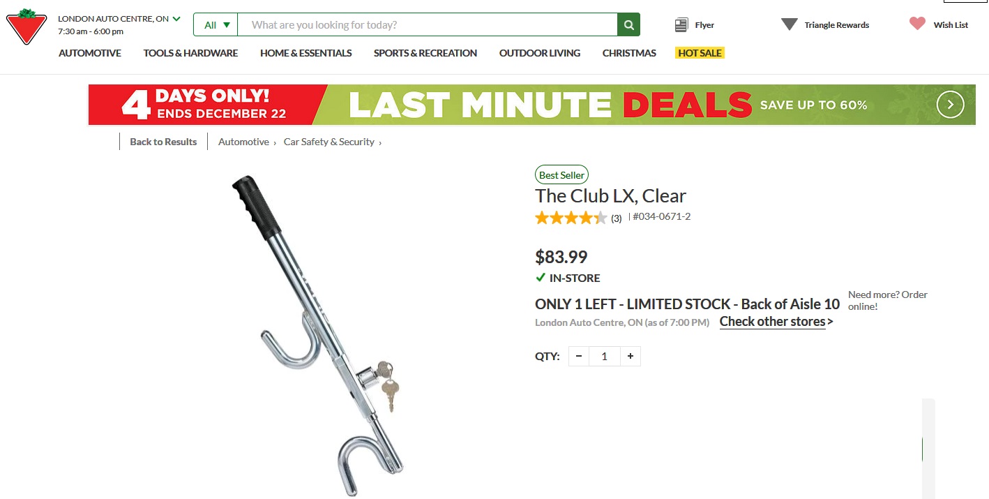 The Club LX ClickIt Steering Wheel Lock Relay Theft Prevention More Security Devices