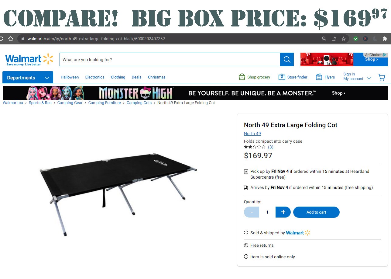 North 49 Ultra Cot with Removable Pad Folding Camp Cots Forest City