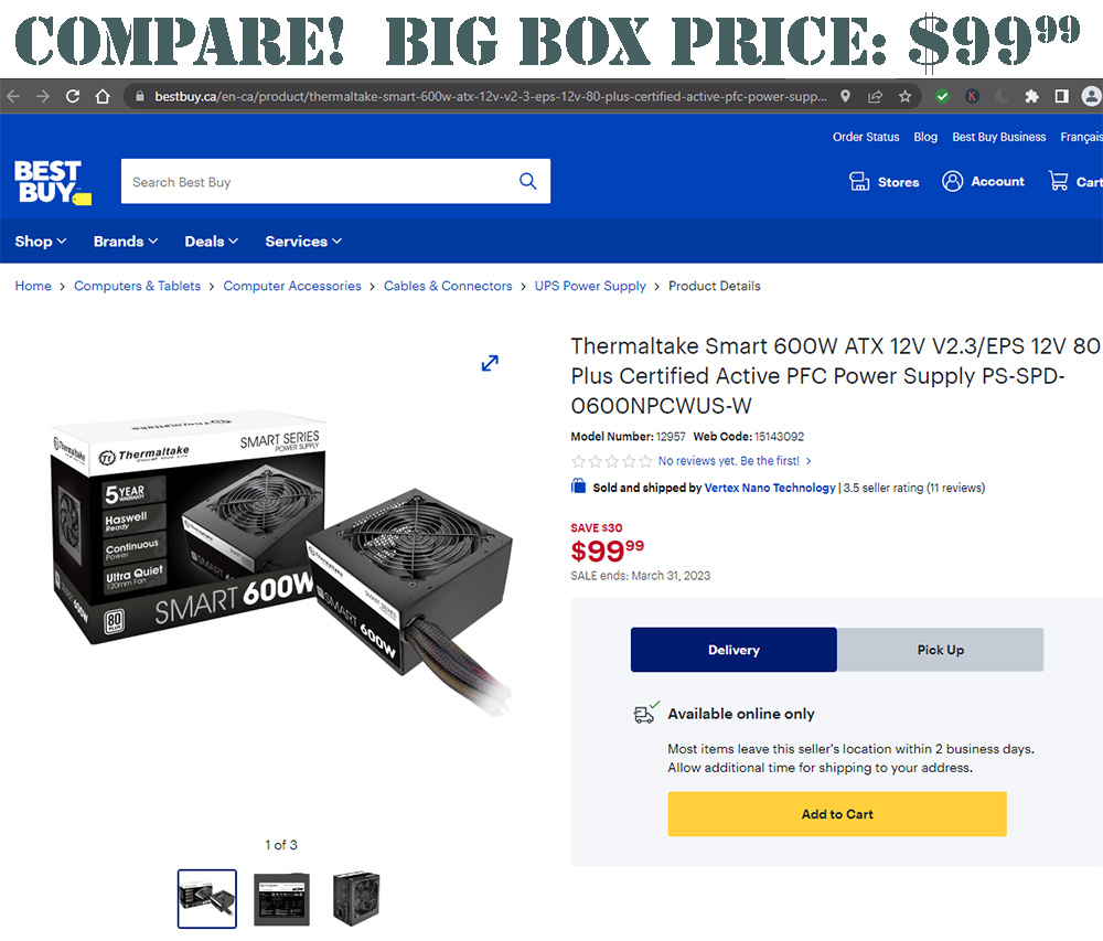 Thermaltake 600W Smart Series Computer Power Supply Regulated DC Power Supplies Forest City