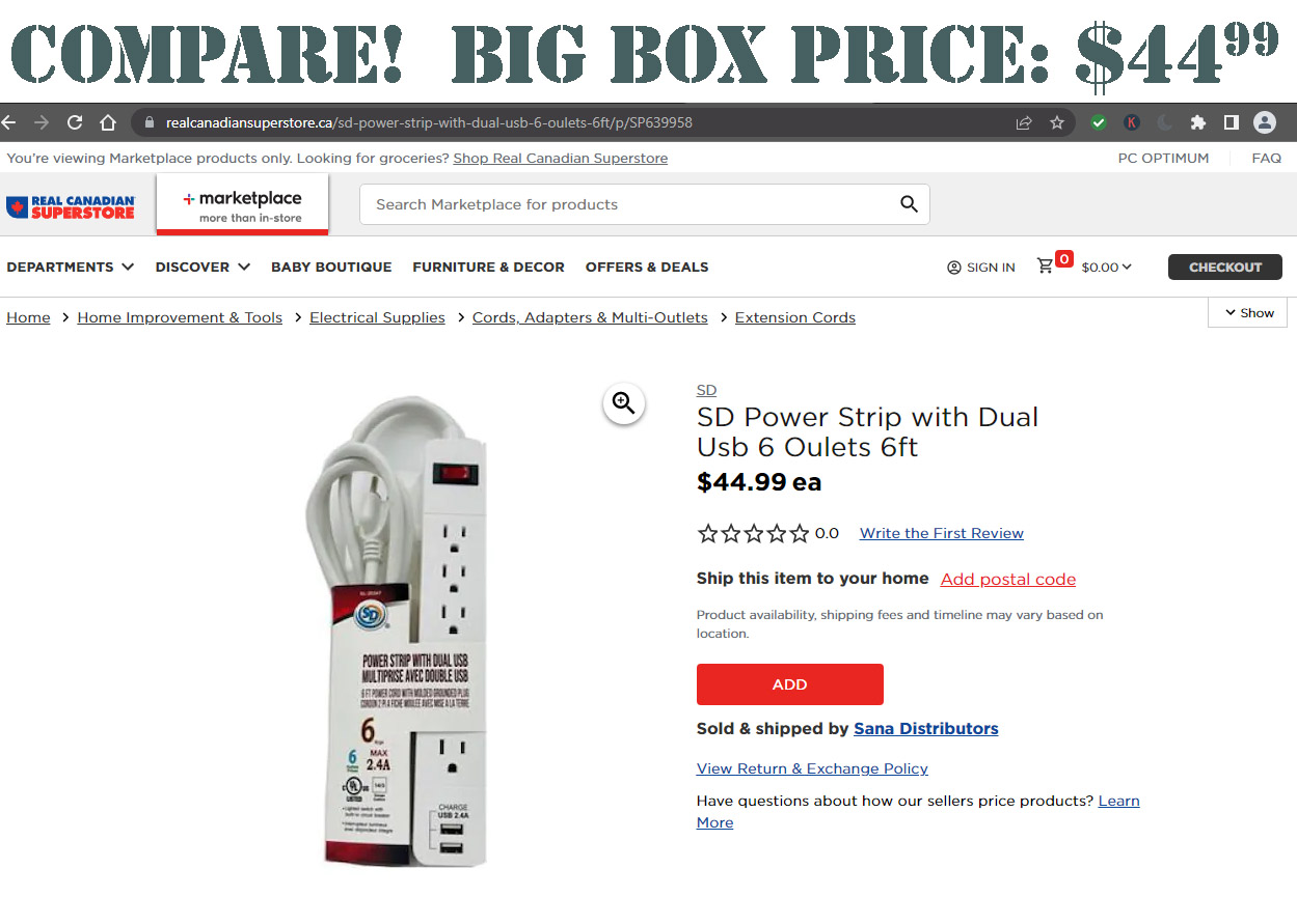 SD EL20347 6 Outlet Grounded Power Strip with 6Foot Cord Extension