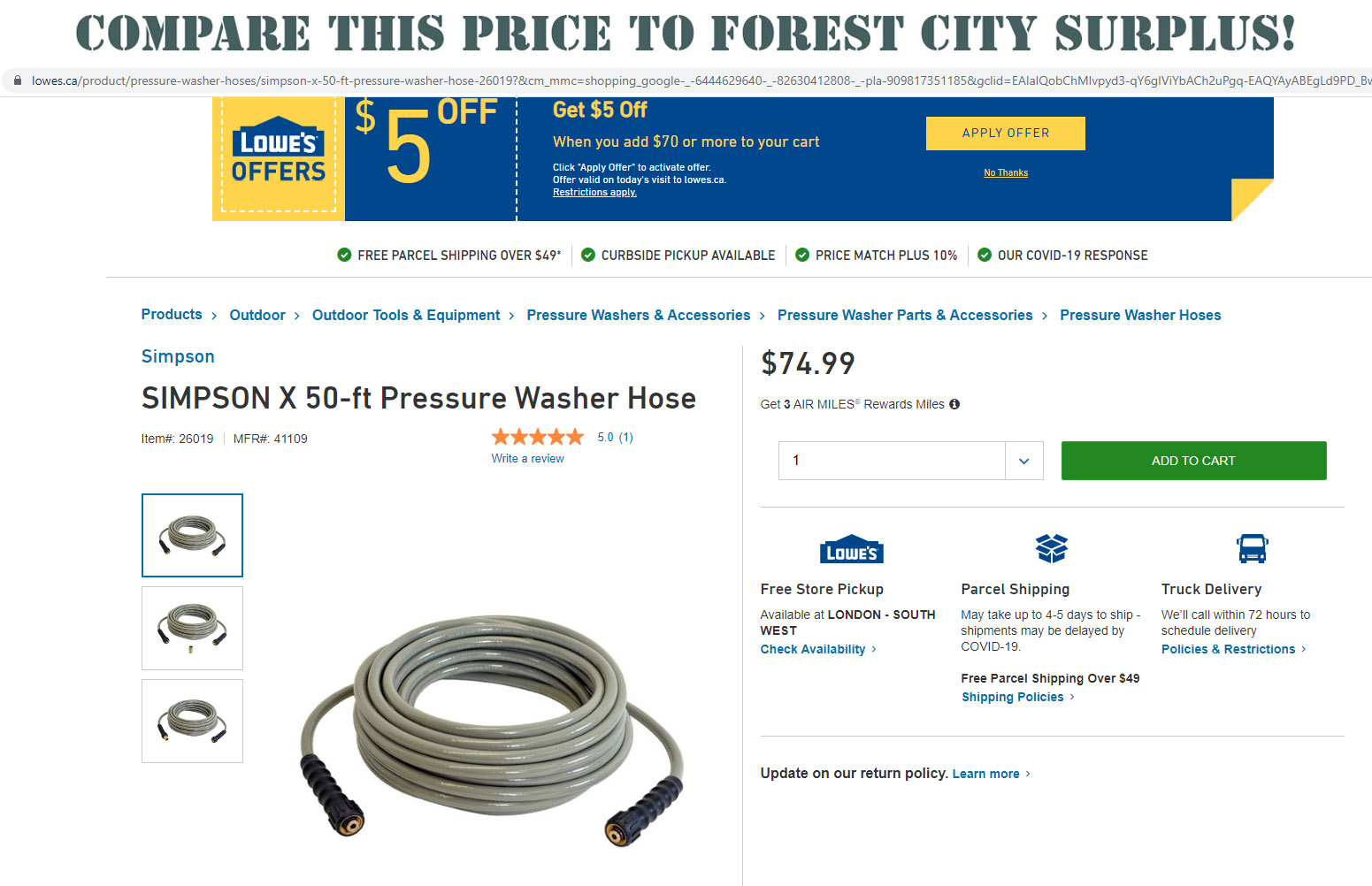 Craftsman™ Pressure Washer Hose Patio & Garden Forest City Surplus