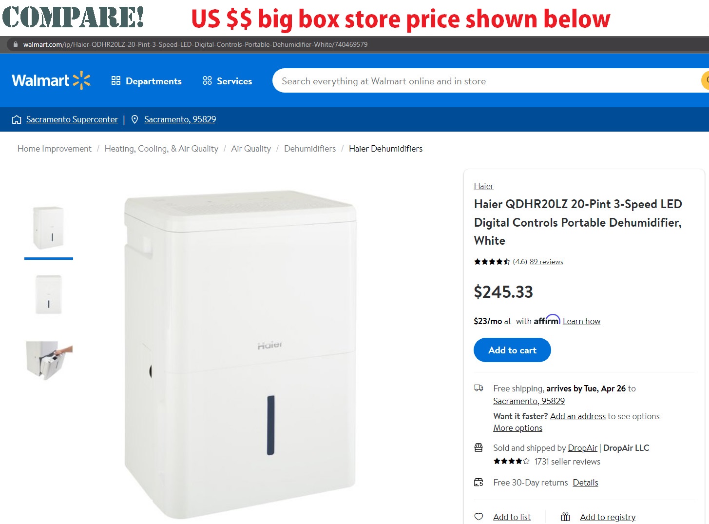 Haier® QDHR20LZ 20Pint Dehumidifier with Digital Smart Dry