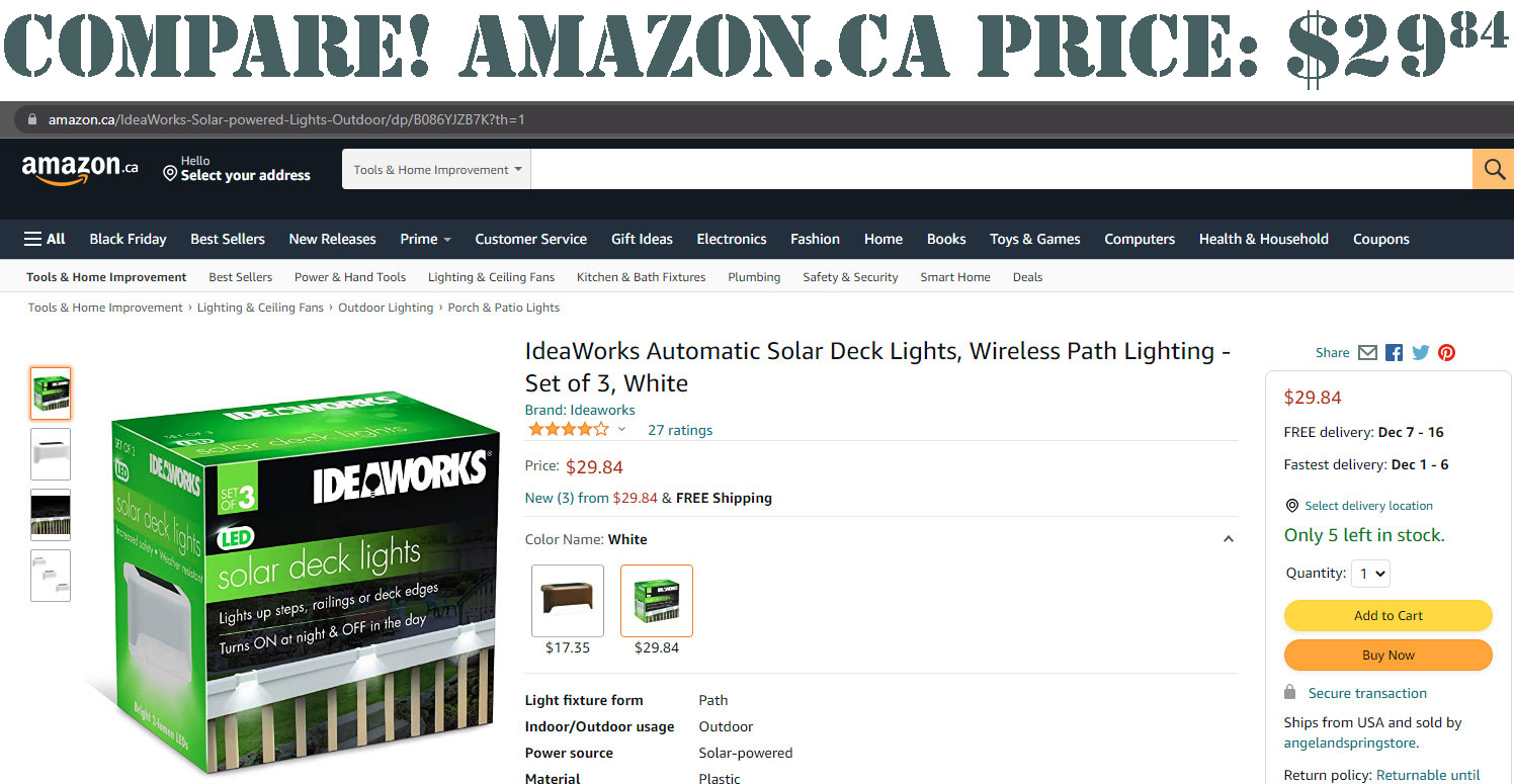 Ideaworks 3Piece Solarpowered LED Deck Lights Patio & Garden