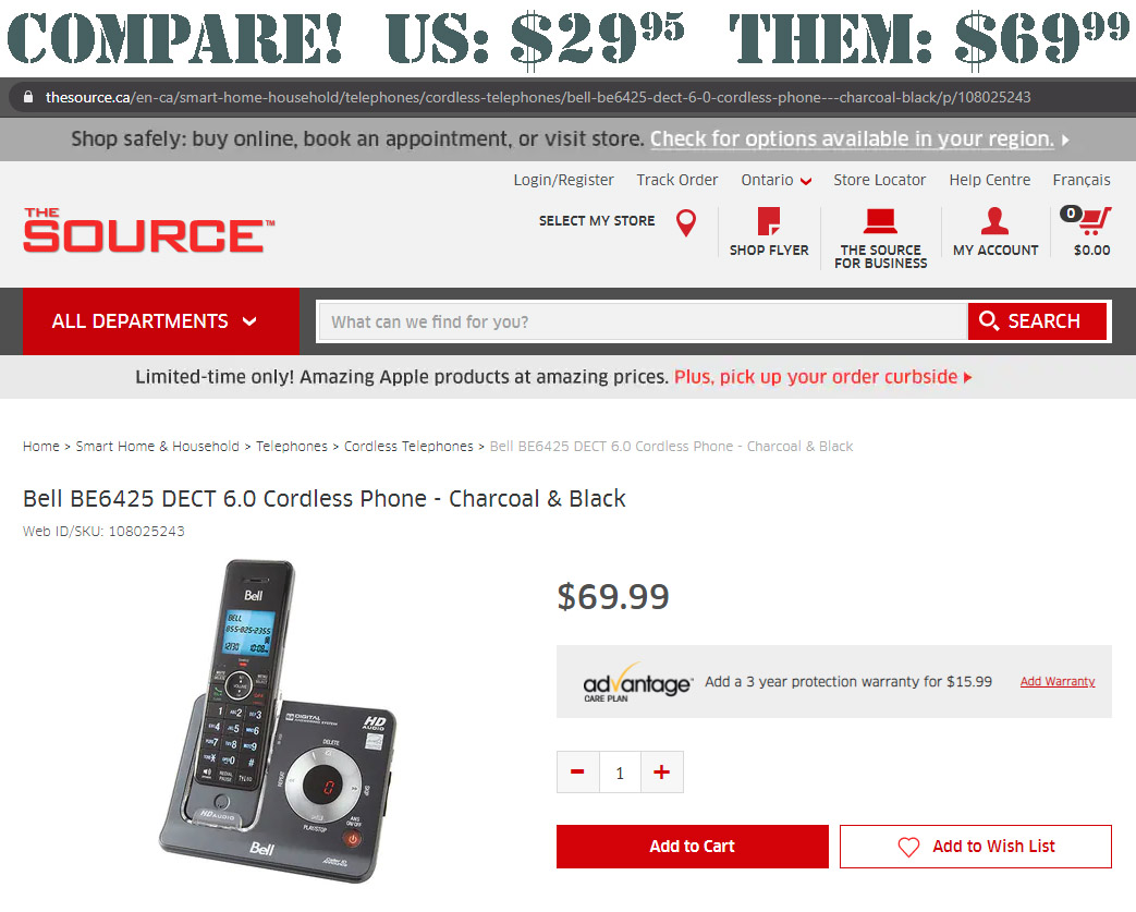 Bell BE6425 DECT 6.0 Cordless Phone Answering Machines Forest City Surplus Canada discount