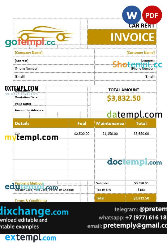 download Car Rental Invoice template free fonts