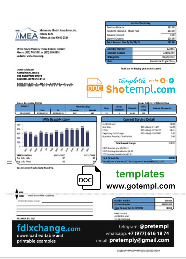 download USA MEA Alaska electricity utility bill template free fonts