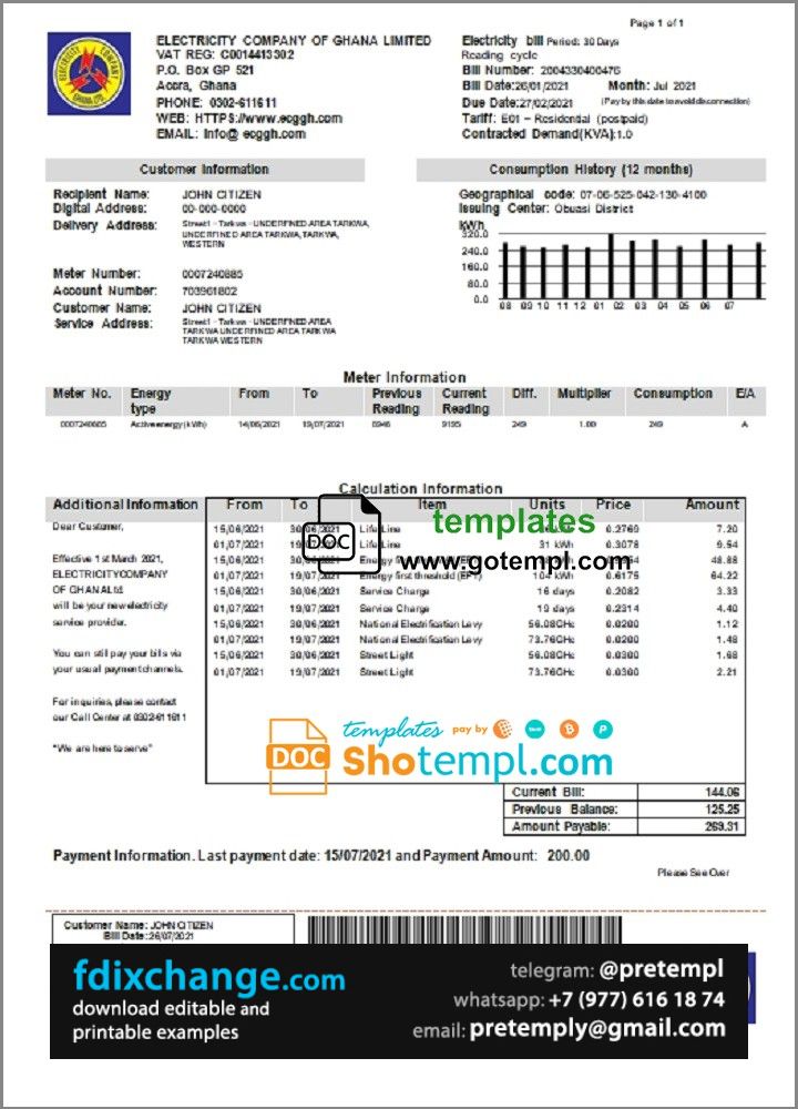 download Ghana Electricity Company of Ghana utility bill template free