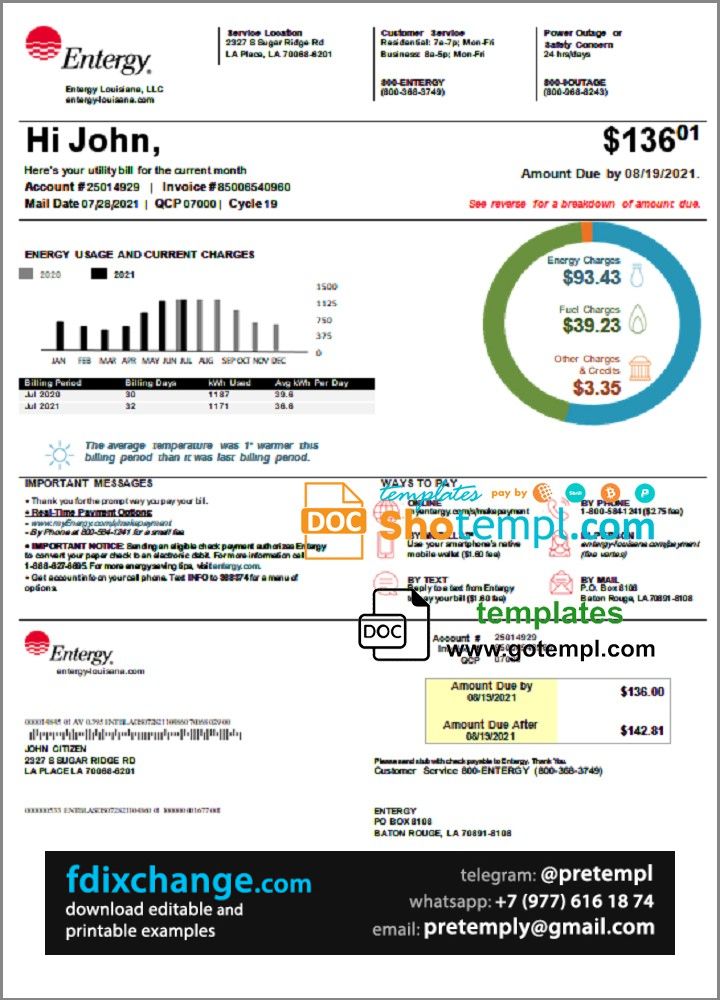 download USA Louisiana Entergy utility bill template free fonts, version 2