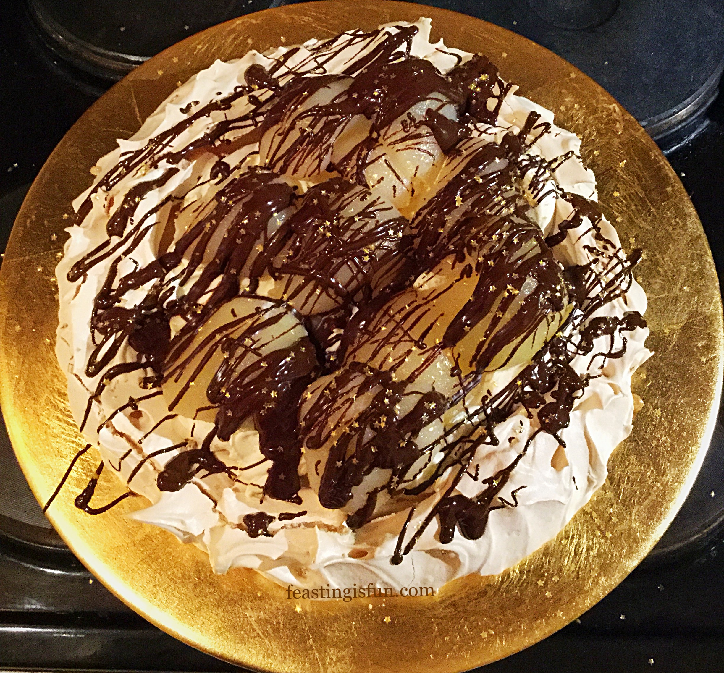 Dark Chocolate Drizzle Pear Ginger Pavlova Feasting Is Fun