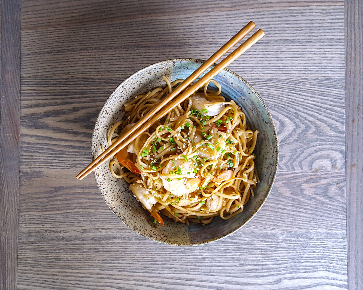 better than take-out: spicy shrimp udon noodle stir fry