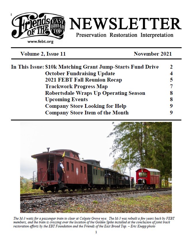 November 2021 FEBT Newsletter Available Friends of the East Broad Top