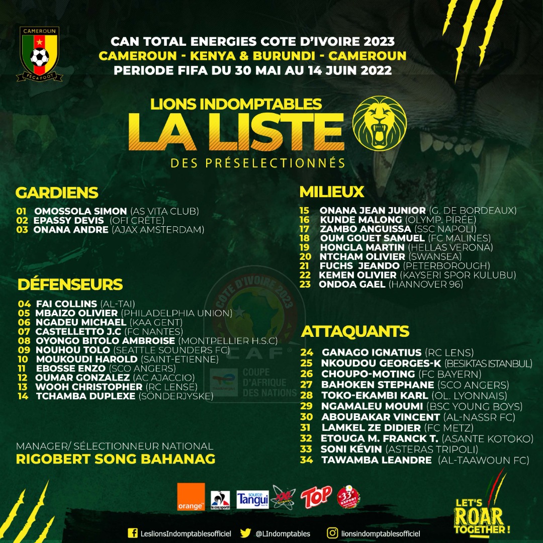 ELIMINATOIRES DE LA CAN 2023 34 JOUEURS PRESELECTIONNES POUR LE STAGE