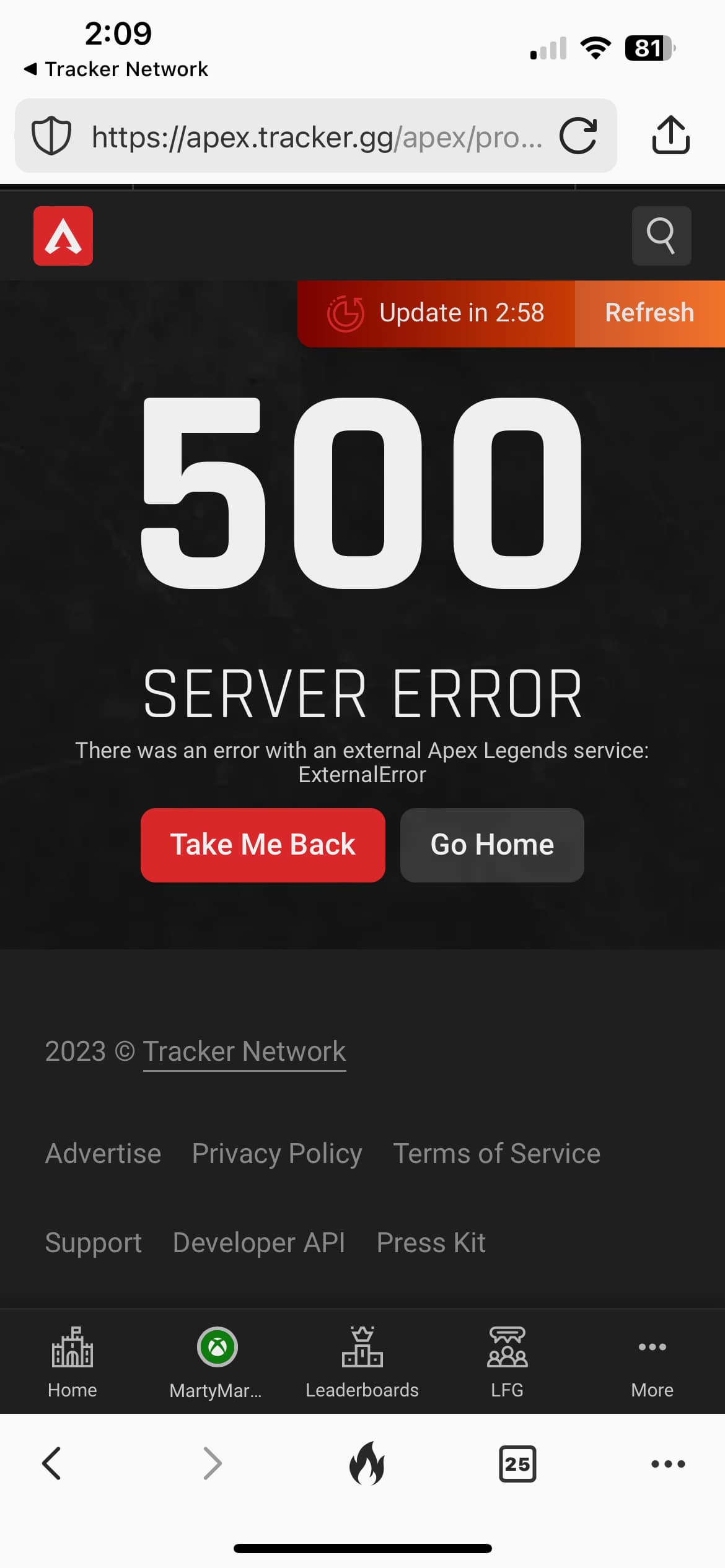 Apex Tracker error message Apex Legends Tracker Network