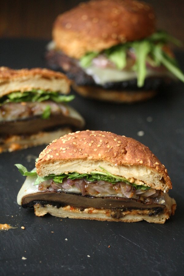Grilled Portobello Mushroom Burger Recipe with Romesco and Arugula
