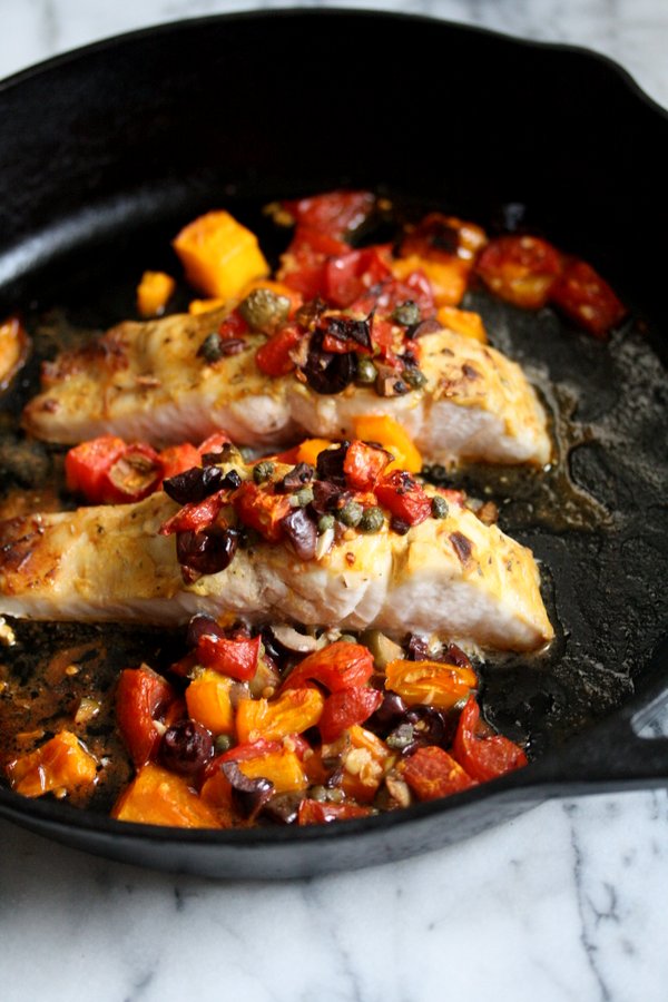 Healthy Broiled Striped Bass Recipe with Provencal Tomatoes