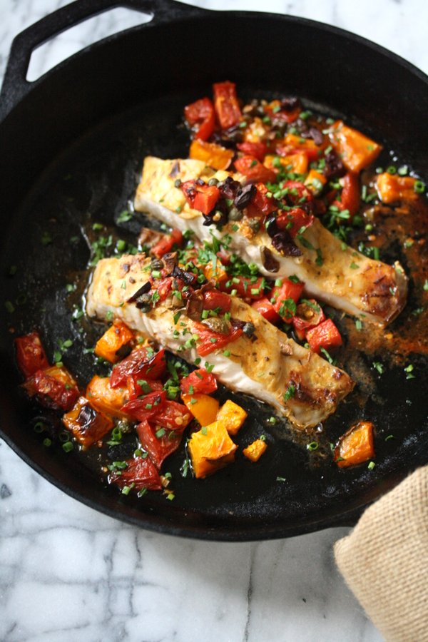 Healthy Broiled Striped Bass Recipe with Provencal Tomatoes
