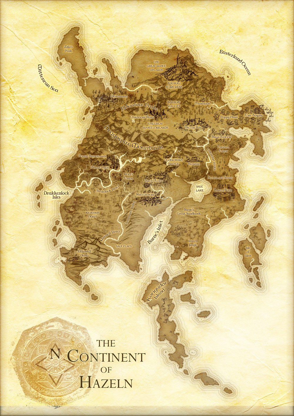 Continent of Hazeln fantasy map with yellow parchment single