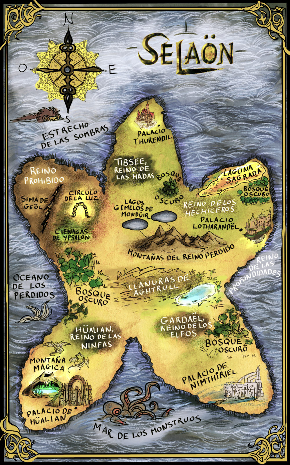 Selaon fantasy map with illustrated castles, monsters, and dragons in