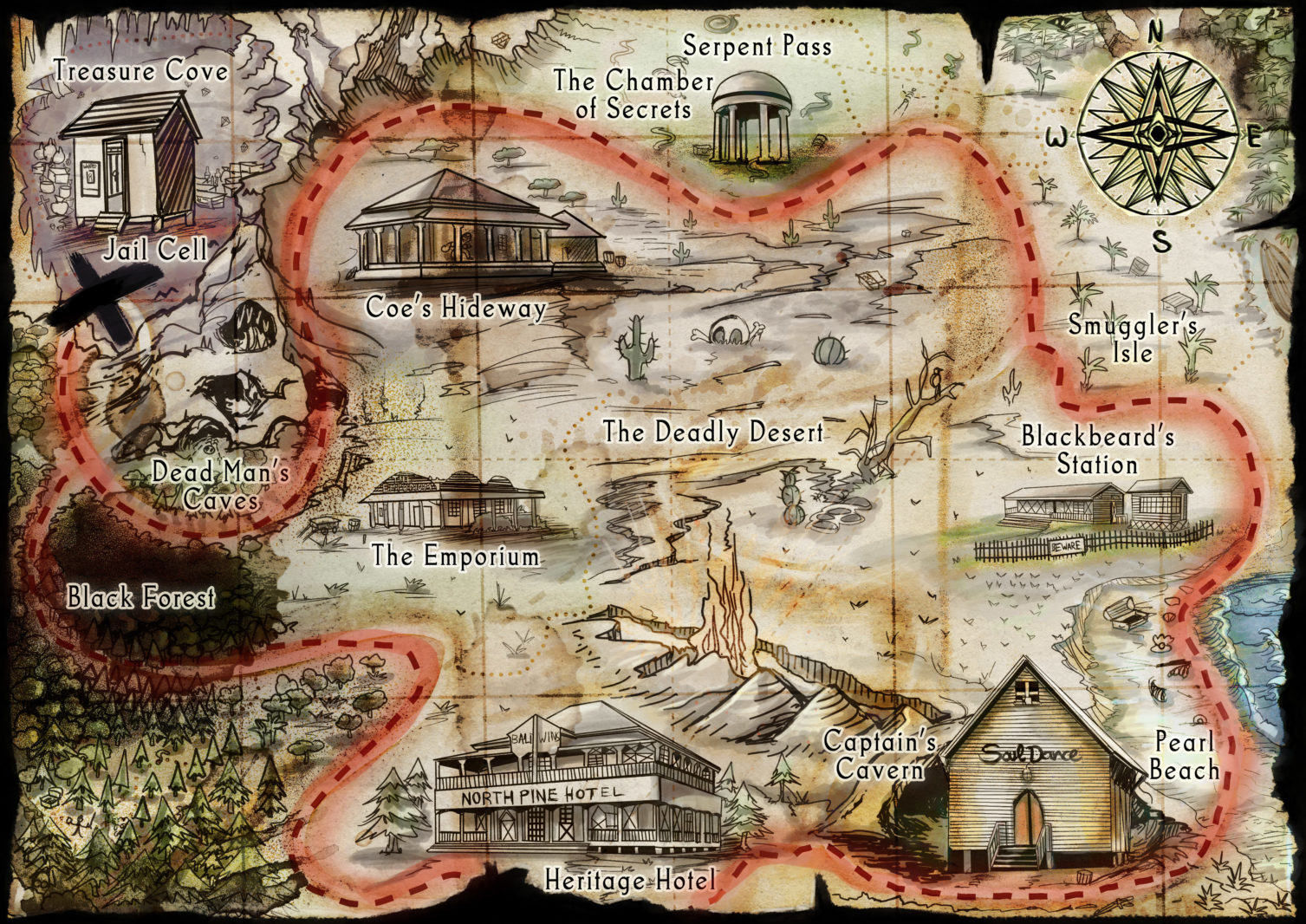 Historic Town Treasure Map Pirate Themed Illustration Feed the