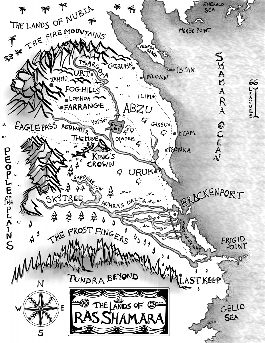 The Land of Ras Shamara black and white fantasy map for novel Feed