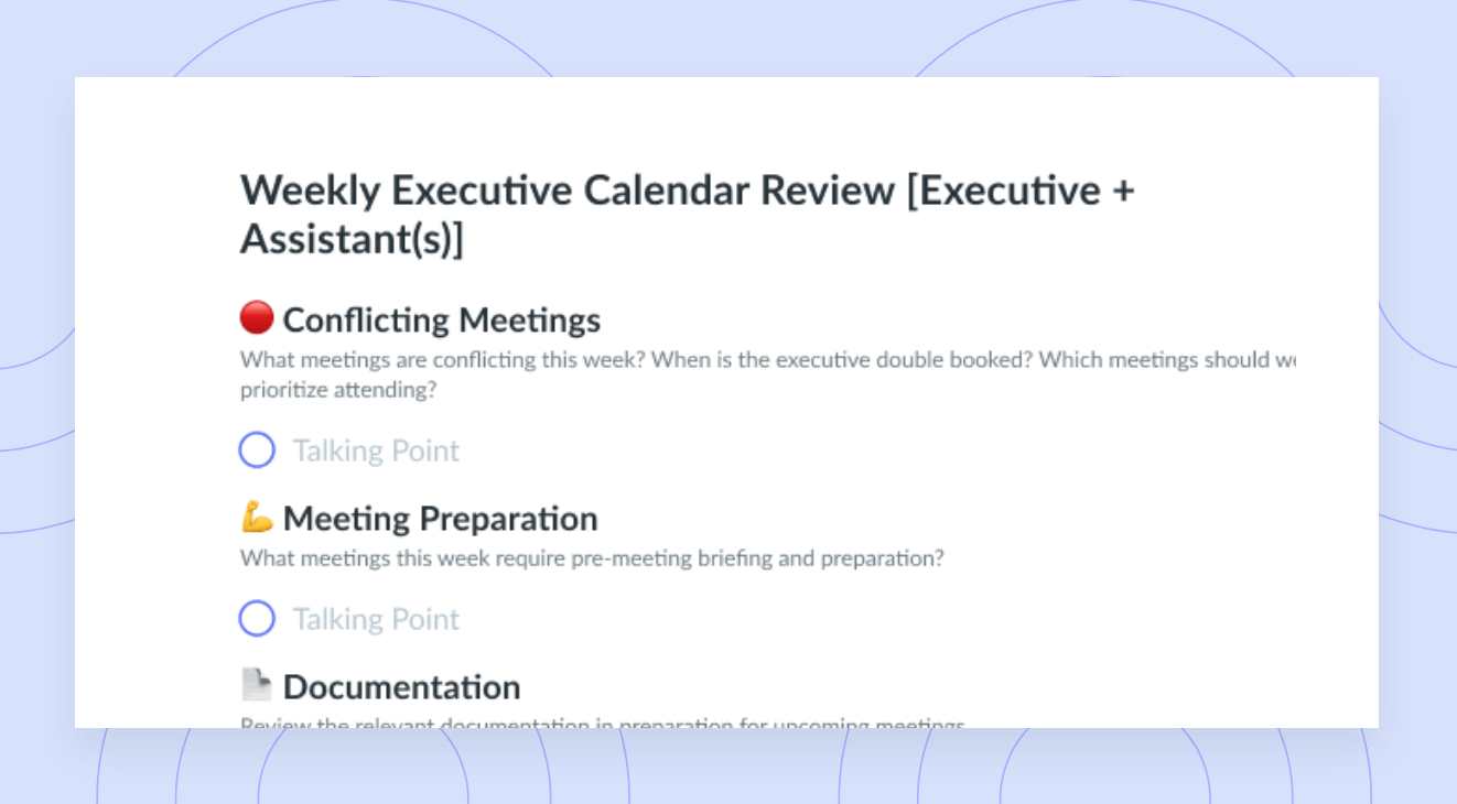 Weekly Executive Calendar Review [Executive + Assistant(s)] Template