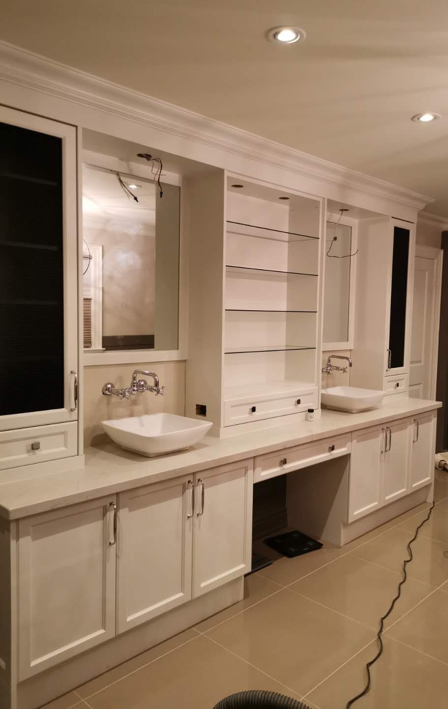 All White Vanity with Duo Sinks and Built in FengFa
