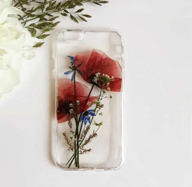 Floral phone case with real dried flowers Dancing Poppies Fern & Felt