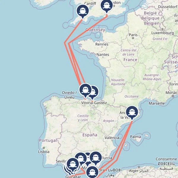 Ferry routes to, from and within Spain
