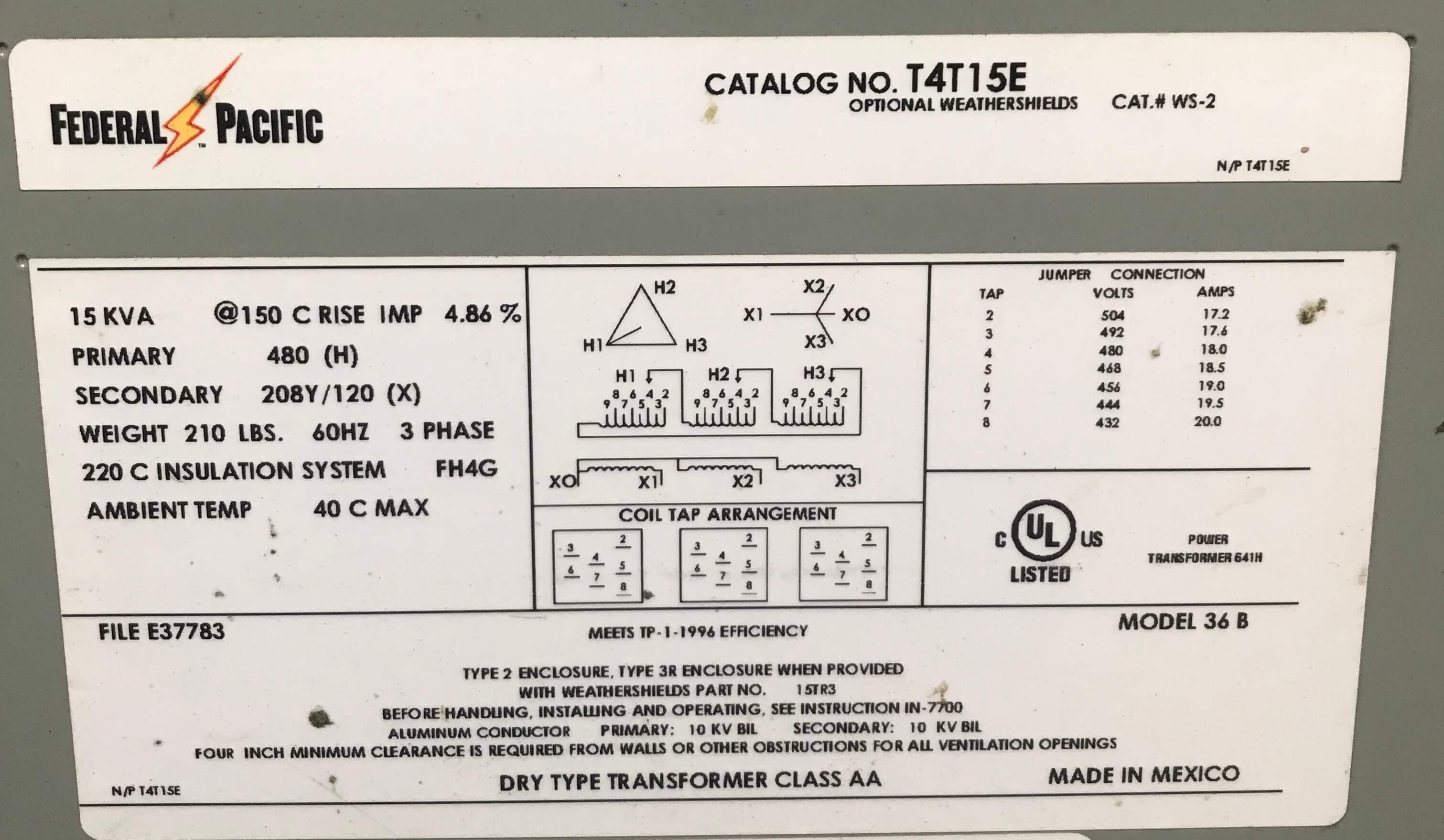 15kVA Federal Pacific Transformer T4T15E 480V(H) 208Y/120(X