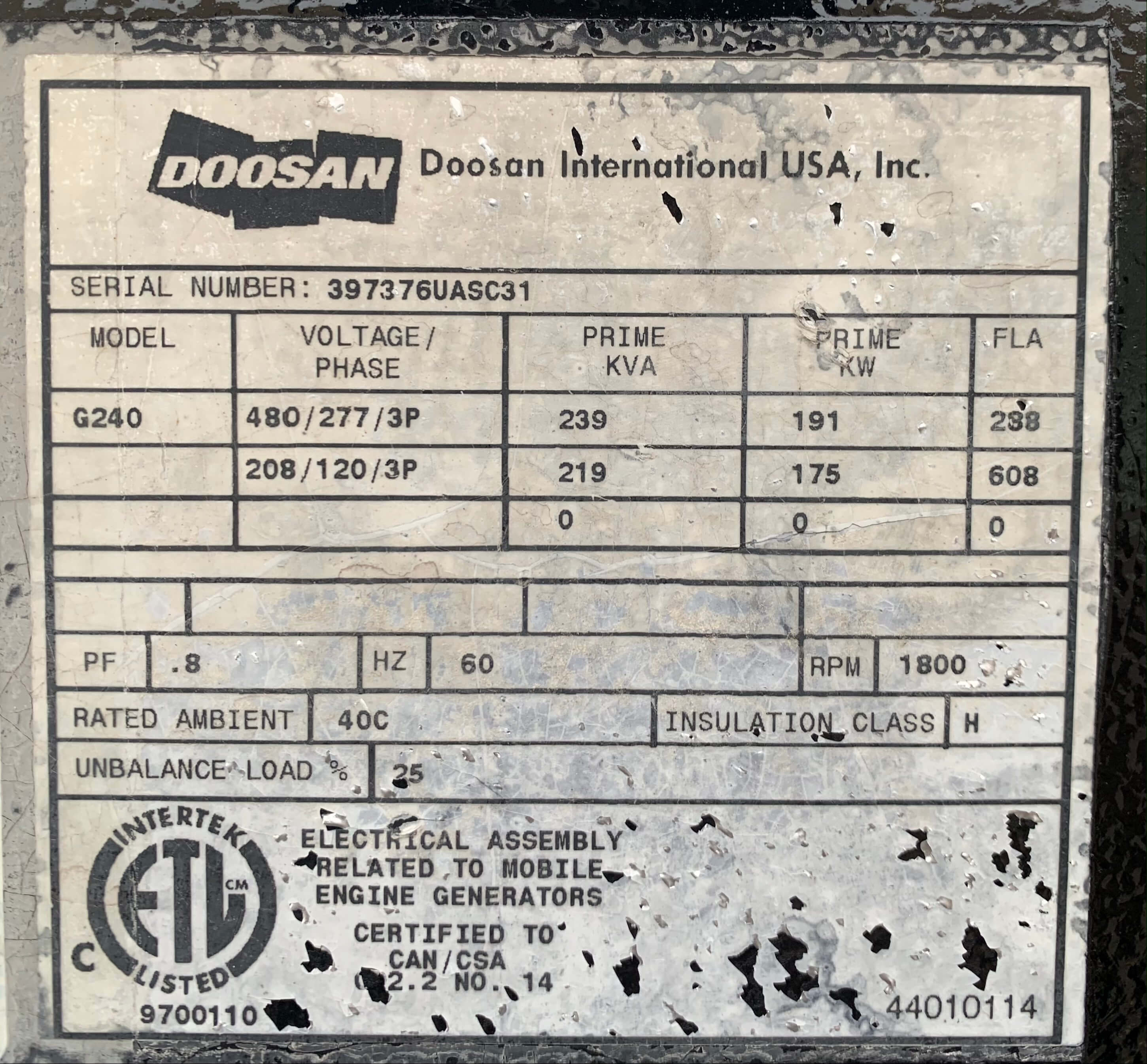 130kW Doosan Ingersoll Rand Mobile Diesel Generator S/N 397376UASC31
