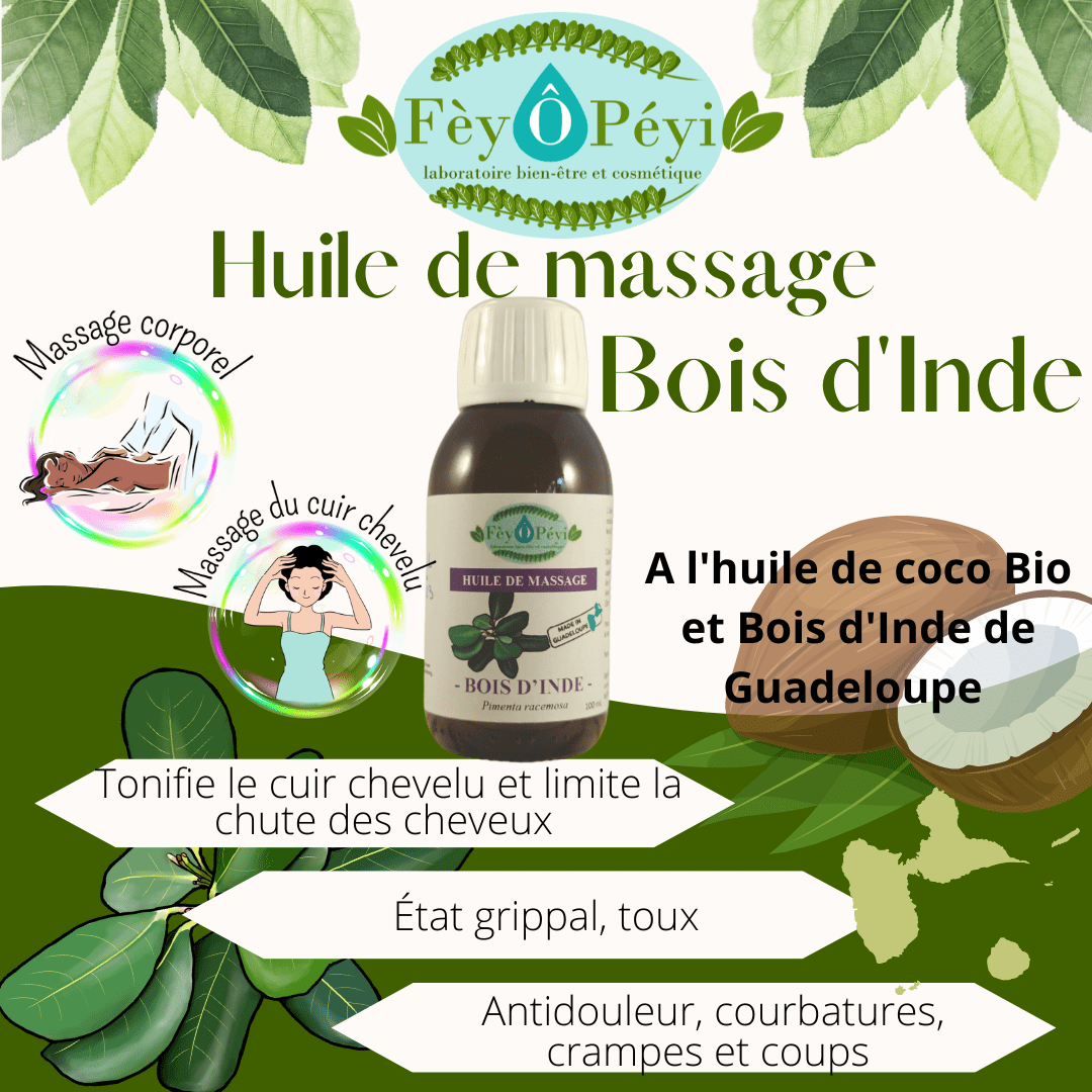 Huile de massage bois d'inde Labarotoire FèyOPéyi