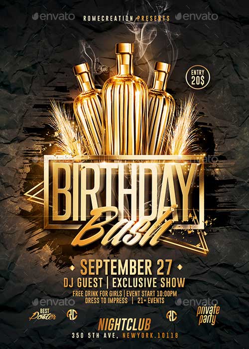 FFFLYER Download the Gold Birthday Bash PSD Flyer Template for