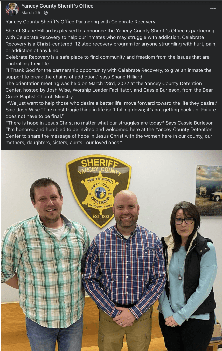 N.C. sheriff’s adoption of Christian recovery program violates