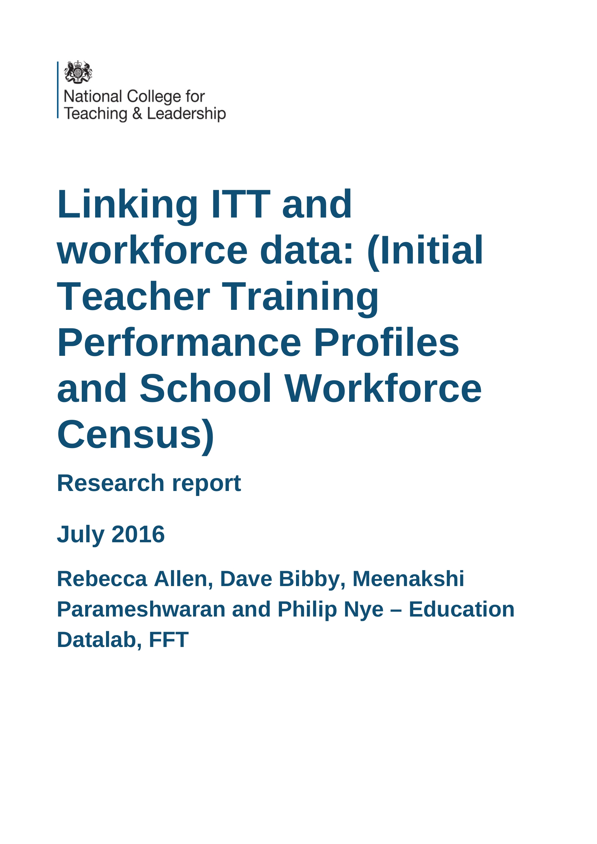 Linking ITT and workforce data (Initial Teacher Training Performance
