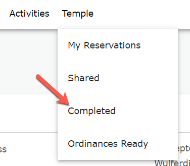 screenshot of Temple tab drop-down menu
