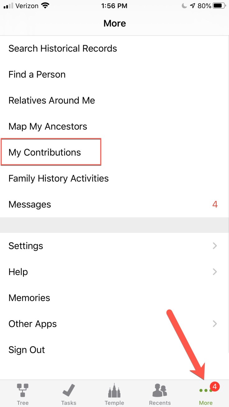 Screenshot of how to get to My Contributions from More tab