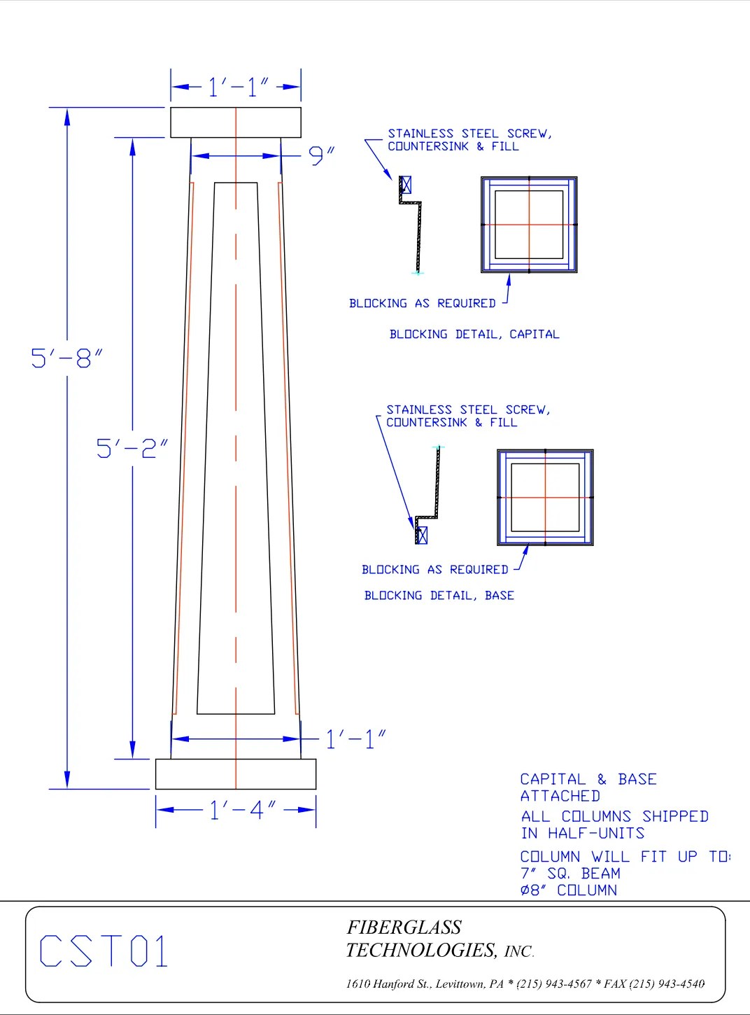 Square Tapered Fiberglass Columns Fabrication PA