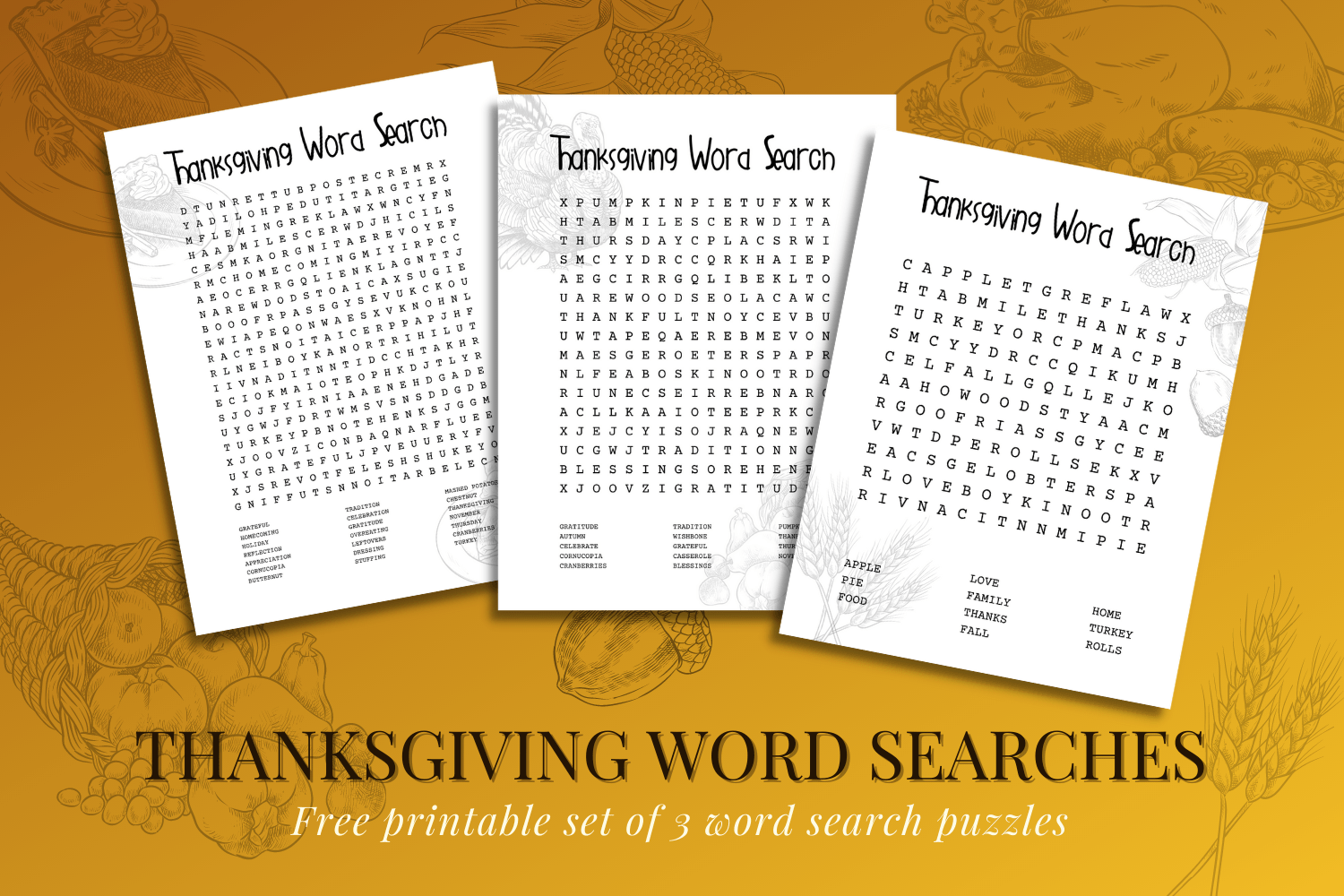 Thanksgiving Word Search - Free Printable PDF Set of 3 - Fickle Hobbyist