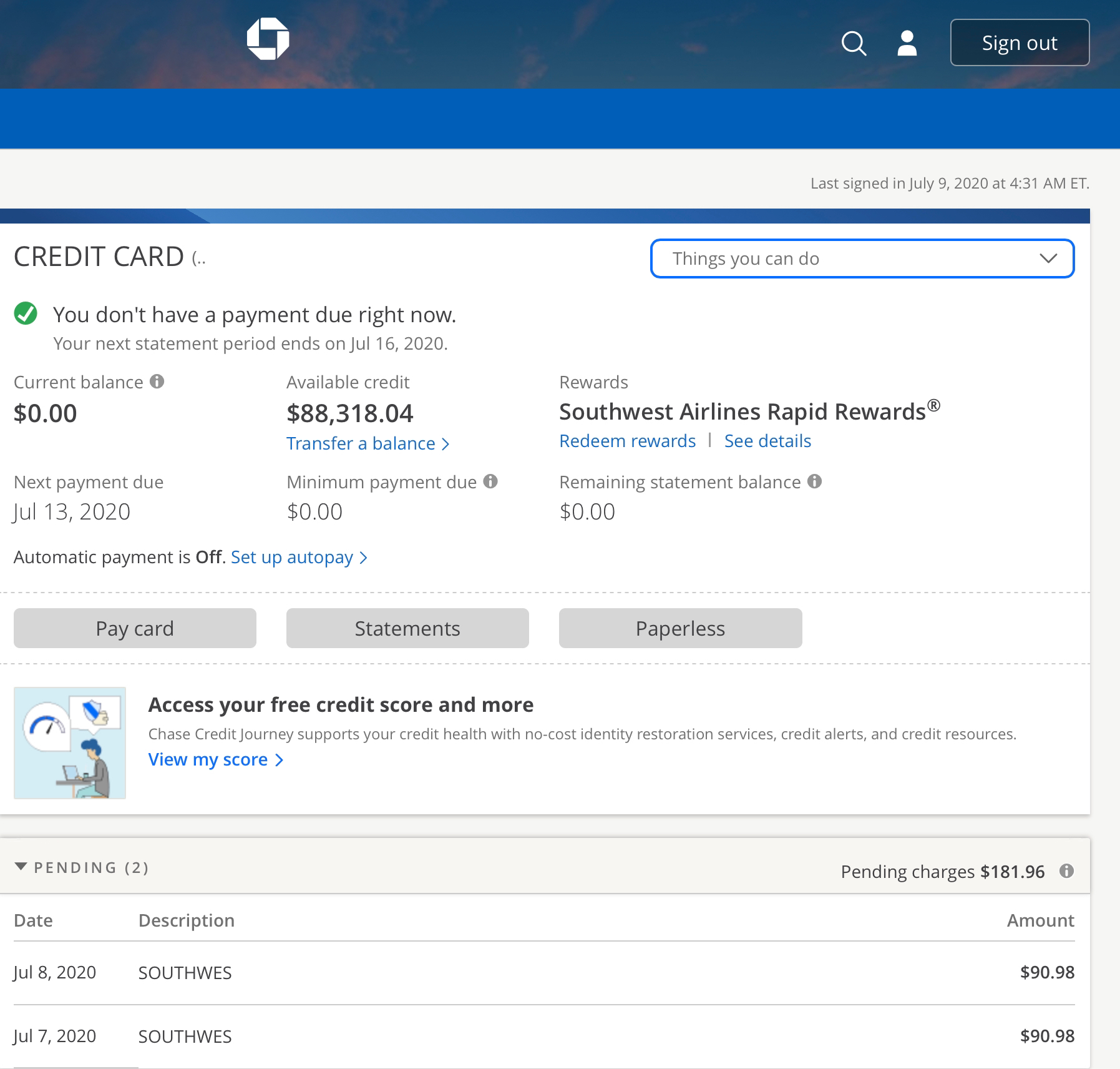 Chase Southwest Visa CLI to 88,500 Page 2 myFICO® Forums 6076580